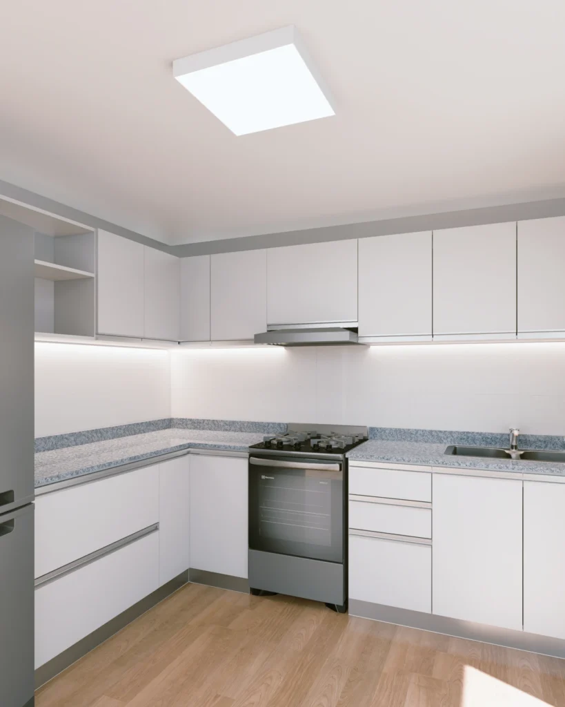 Diseño 3D de la cocina en L con iluminación LED bajo alacena