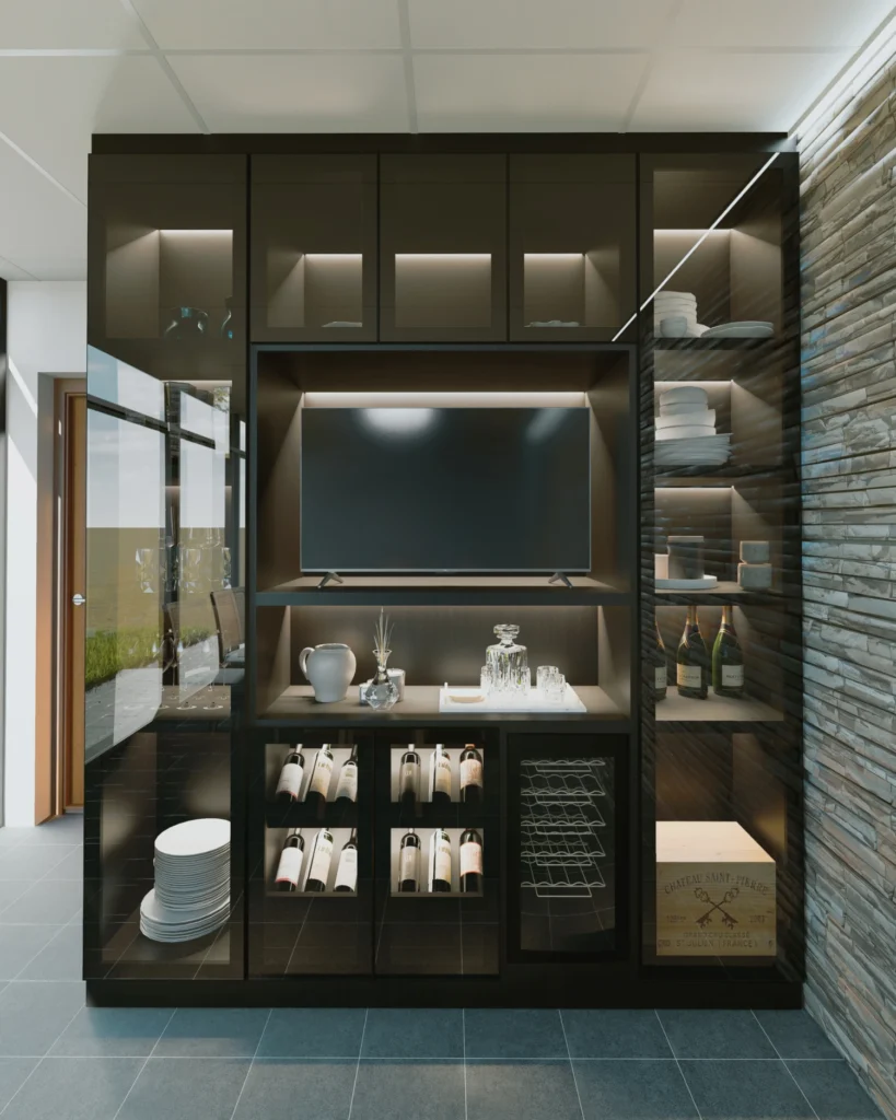Diseño 3D del mueble con hueco para TV, vajillero y botellero