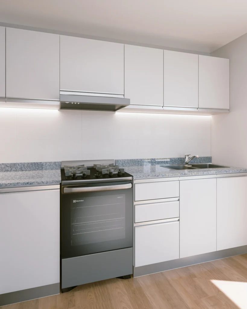 Diseño 3D del frente de la cocina con campana y alacenas blancas