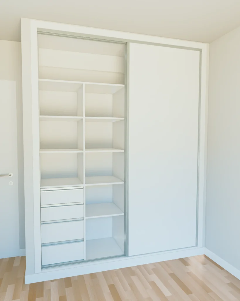 Diseño 3D del interior con estantería, cajonera y espacio para colgar
