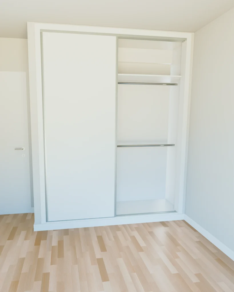 Diseño 3D del interior del placard con barral y estantes