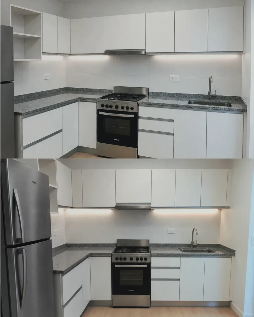 Comparación entre el diseño 3D y la cocina Matheu ya instalada