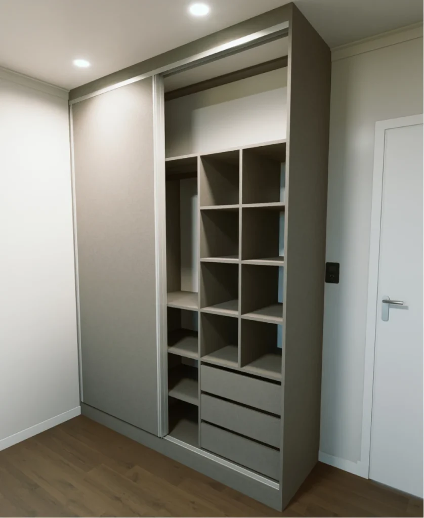 Interior del placard con casilleros, estantes y cajonera de tres cajones