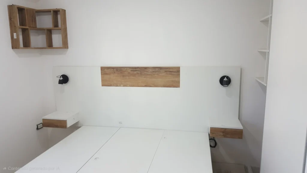 Respaldo de cama con panel símil madera, apliques y mesas de luz flotantes